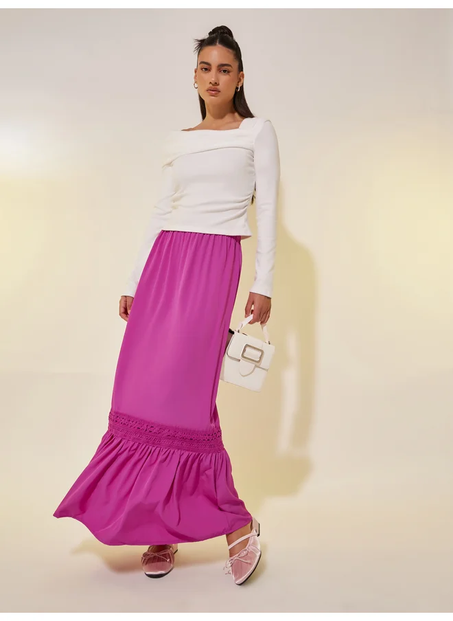 تايك تو Take Two Lace Trim A-Line Maxi Skirt with Drawstring Waist