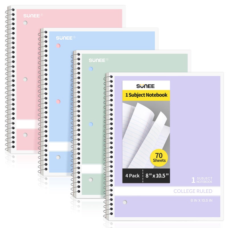 SUNEE Spiral Notebooks College Ruled, 1-Subject, 4 Pack, 8 x 10-1/2 in, 70 Sheets, 3-Hole Punched 70gsm Paper, Pastel Pink, Purple, Blue, Green for School, Home & Office, Writing Journal - Image 1