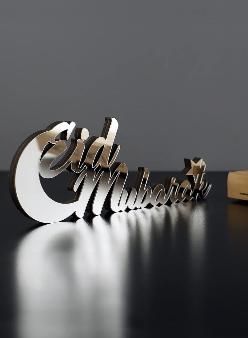 Eworld Wooden Acrylic Islamic Tabletop Decor, Elegant Eid Mubarak Decorations Crafted from Thick Eco-Friendly MDF with a Shiny Acrylic Layer for a Stunning Mirror Effect in Silver - Image 3