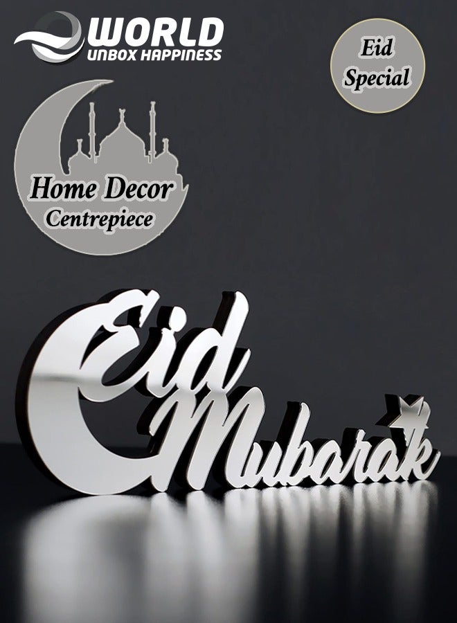 Eworld Wooden Acrylic Islamic Tabletop Decor, Elegant Eid Mubarak Decorations Crafted from Thick Eco-Friendly MDF with a Shiny Acrylic Layer for a Stunning Mirror Effect in Silver - Image 1
