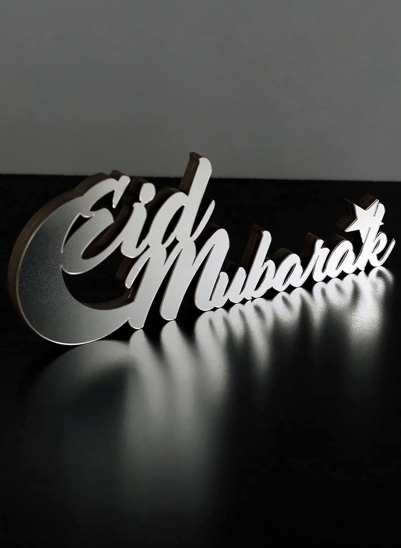 Eworld Wooden Acrylic Islamic Tabletop Decor, Elegant Eid Mubarak Decorations Crafted from Thick Eco-Friendly MDF with a Shiny Acrylic Layer for a Stunning Mirror Effect in Silver - Image 2