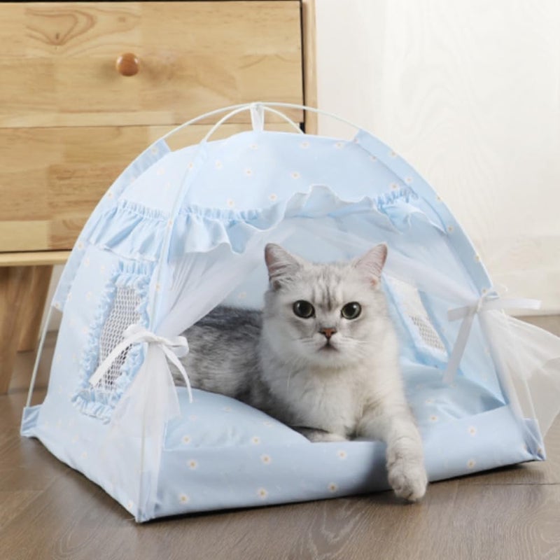Selena Cat Bed Tents Dog House Indoor Outdoor Lace Mesh Breathable Windows Door Curtains Removable Portable Nest Teepe House (Small,Blue) - Image 1