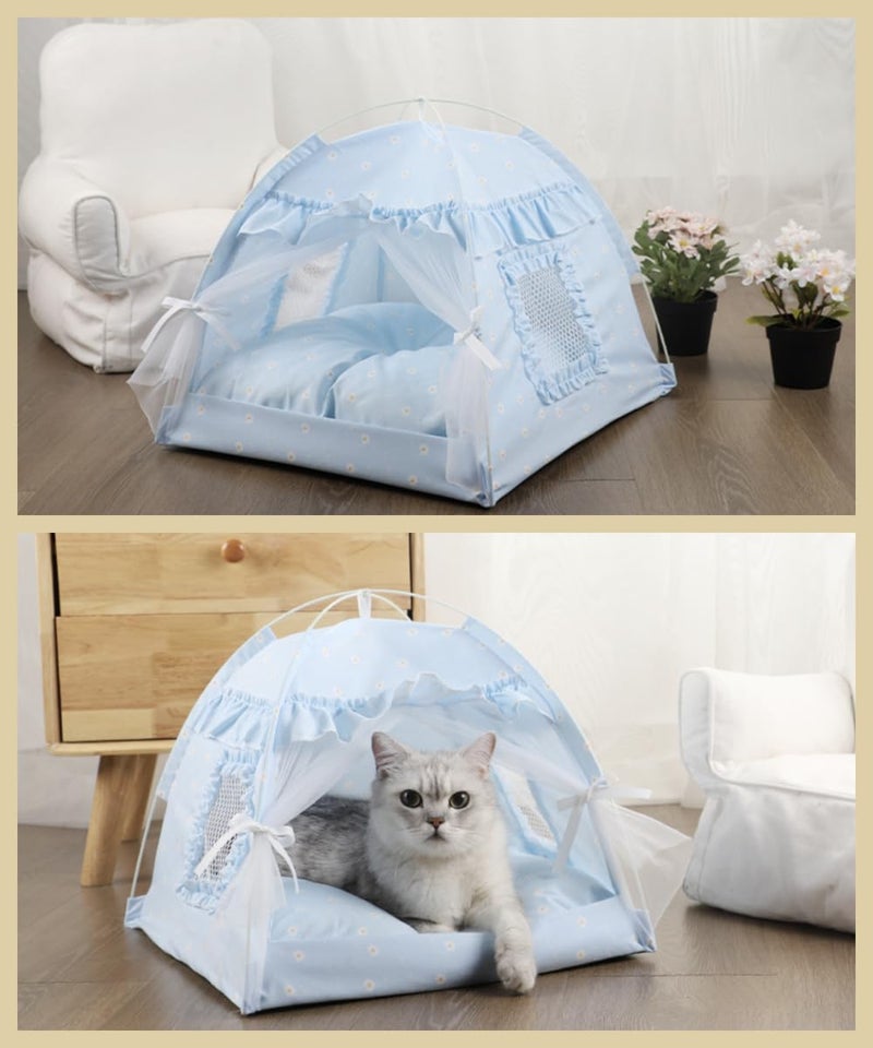 Selena Cat Bed Tents Dog House Indoor Outdoor Lace Mesh Breathable Windows Door Curtains Removable Portable Nest Teepe House (Small,Blue) - Image 2