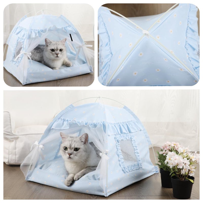 Selena Cat Bed Tents Dog House Indoor Outdoor Lace Mesh Breathable Windows Door Curtains Removable Portable Nest Teepe House (Small,Blue) - Image 4