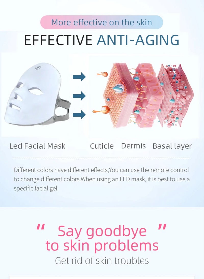 7 Color Light Therapy Mask, Facial Care Mask for Face and Neck with Remote Control, No Side Effects, for Acne Wrinkle Removal Anti-Aging Skin Rejuvenation Facial Care Beauty