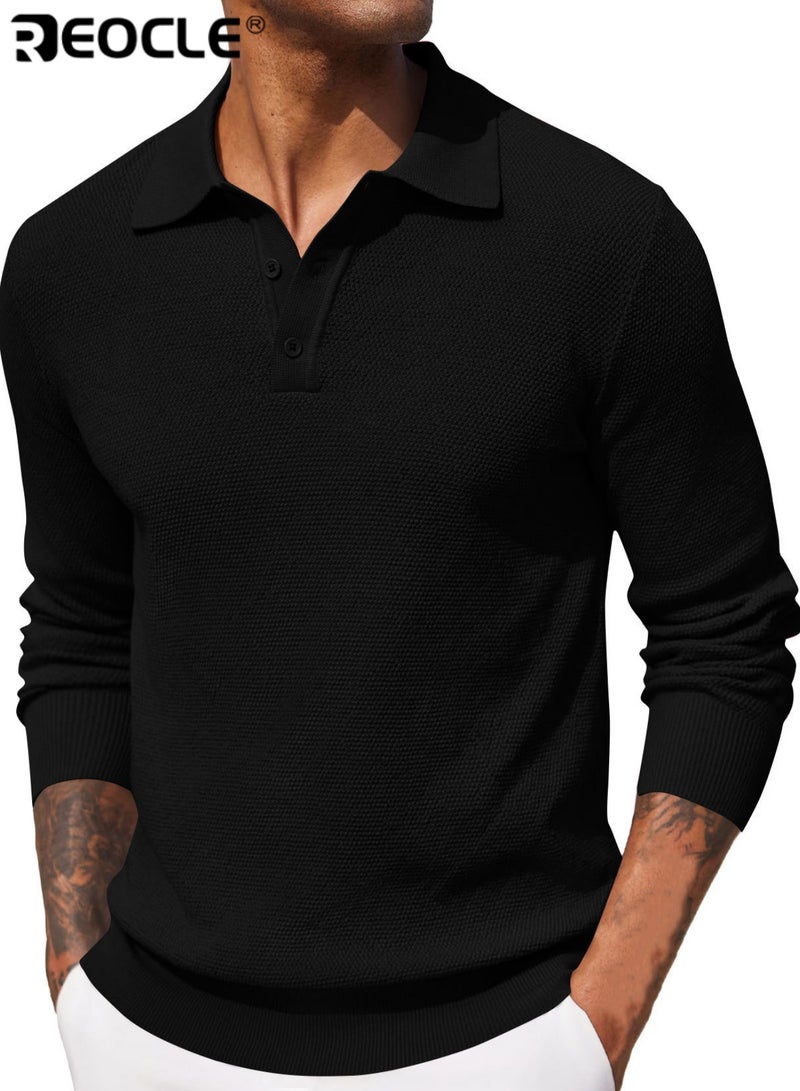 REOCLE Men's Long Sleeve Knitted Polo Shirt Classic Collared Pullover with Textured Design Comfortable Casual & Semi-Formal Top for Daily Wear - Image 1