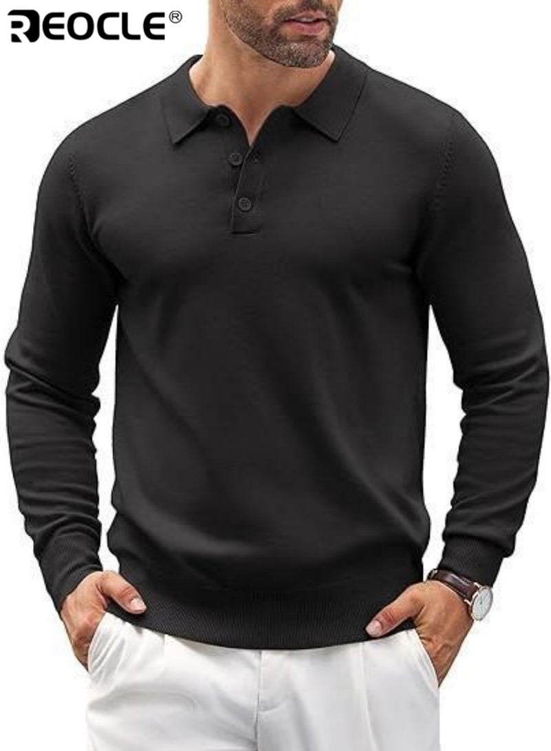 REOCLE Men's Long Sleeve Knitted Polo Shirt Classic Collared Pullover with Textured Design Comfortable Casual & Semi-Formal Top for Daily Wear - Image 2
