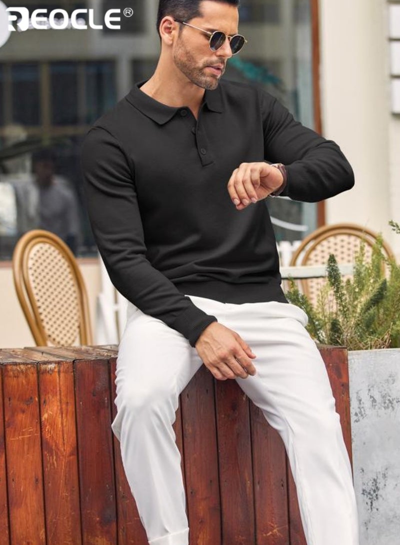 REOCLE Men's Long Sleeve Knitted Polo Shirt Classic Collared Pullover with Textured Design Comfortable Casual & Semi-Formal Top for Daily Wear - Image 3