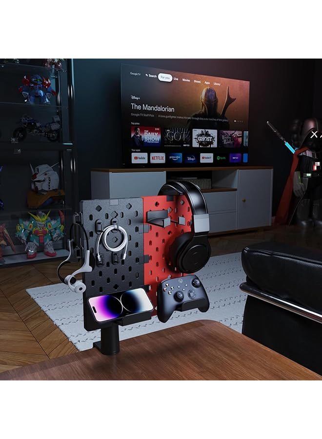 أيه أس أيه حامل سماعة الرأس ووحدة التحكم من Pegzon Clip Mount حامل وحدة تحكم دوار مع خطافات كابل ملحقات الألعاب لأجهزة Xbox Ps5 وPS4 وNintendo Switch منظم مكتب أحمر معدني بلاستيكي - Image 2