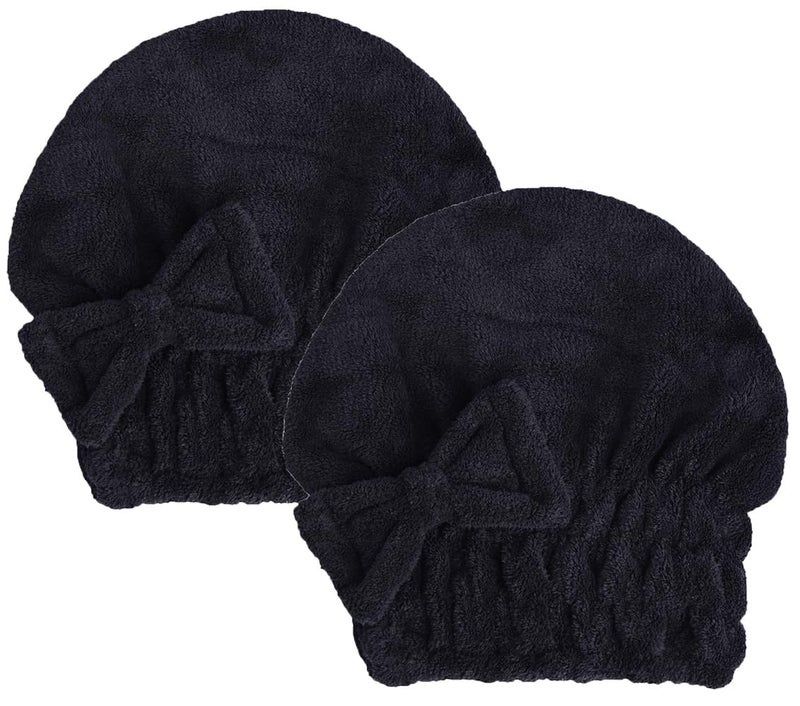 MAYOUTH Microfiber Hair Drying Towels Head wrap with Bow-Knot Shower Cap Hair Turban hairWrap Bath Cap for Curly Long & Wet Hair Gift for Women Blackx2