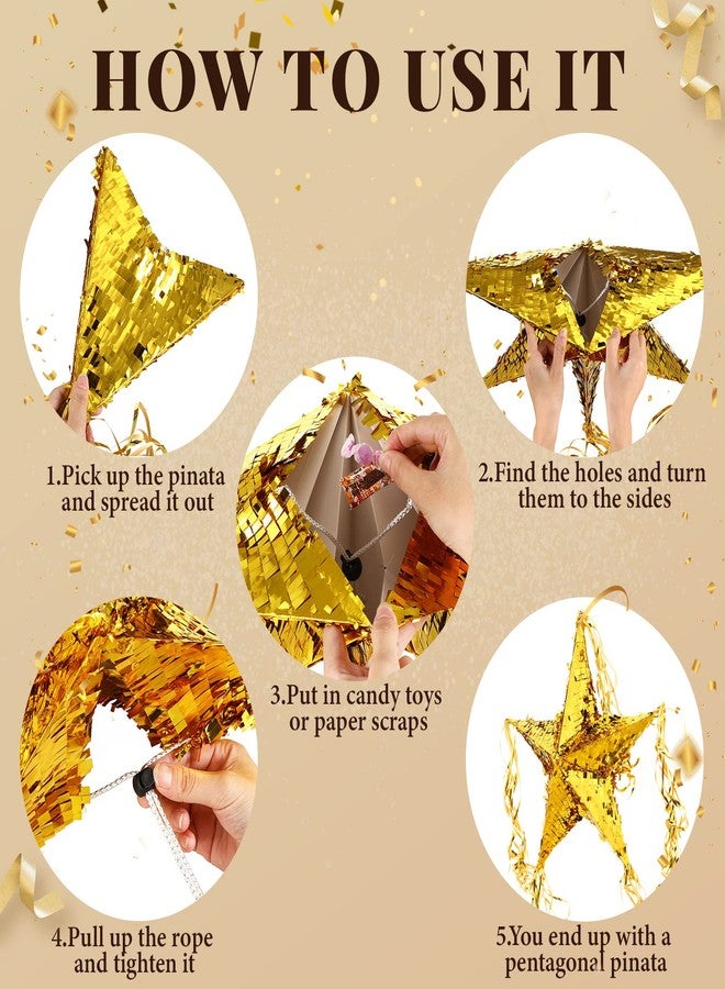 Hanaive بيناتا نجمة من رقائق الألمنيوم مع غطاء للعين ومضرب لعيد الميلاد شكل نجمة قابل للطي بيناتا مع عصا لوازم حفلات فييستا احتفالية لمناسبة مكسيكية (ذهبي) - Image 3