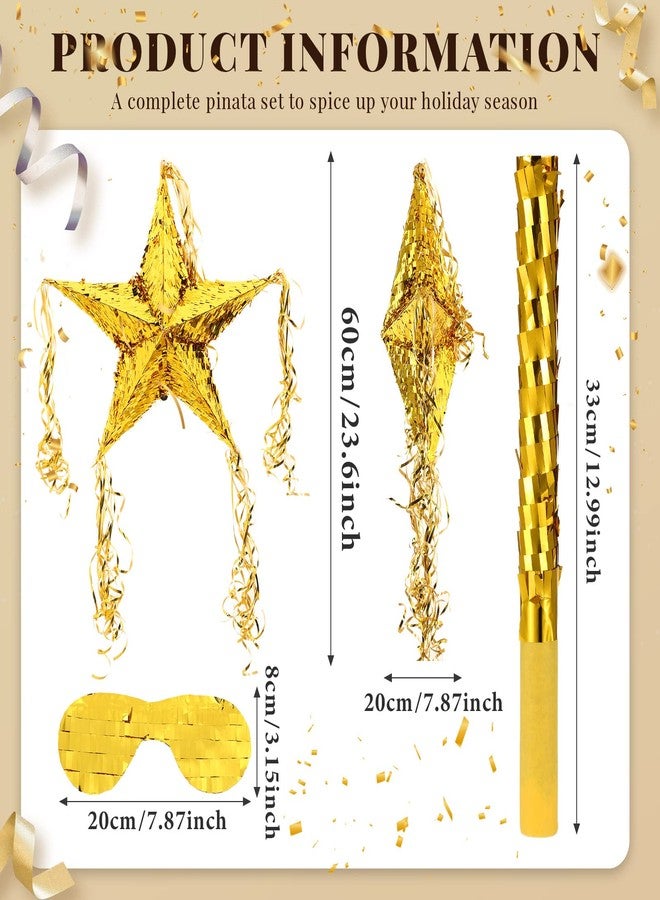 Hanaive بيناتا نجمة من رقائق الألمنيوم مع غطاء للعين ومضرب لعيد الميلاد شكل نجمة قابل للطي بيناتا مع عصا لوازم حفلات فييستا احتفالية لمناسبة مكسيكية (ذهبي) - Image 2