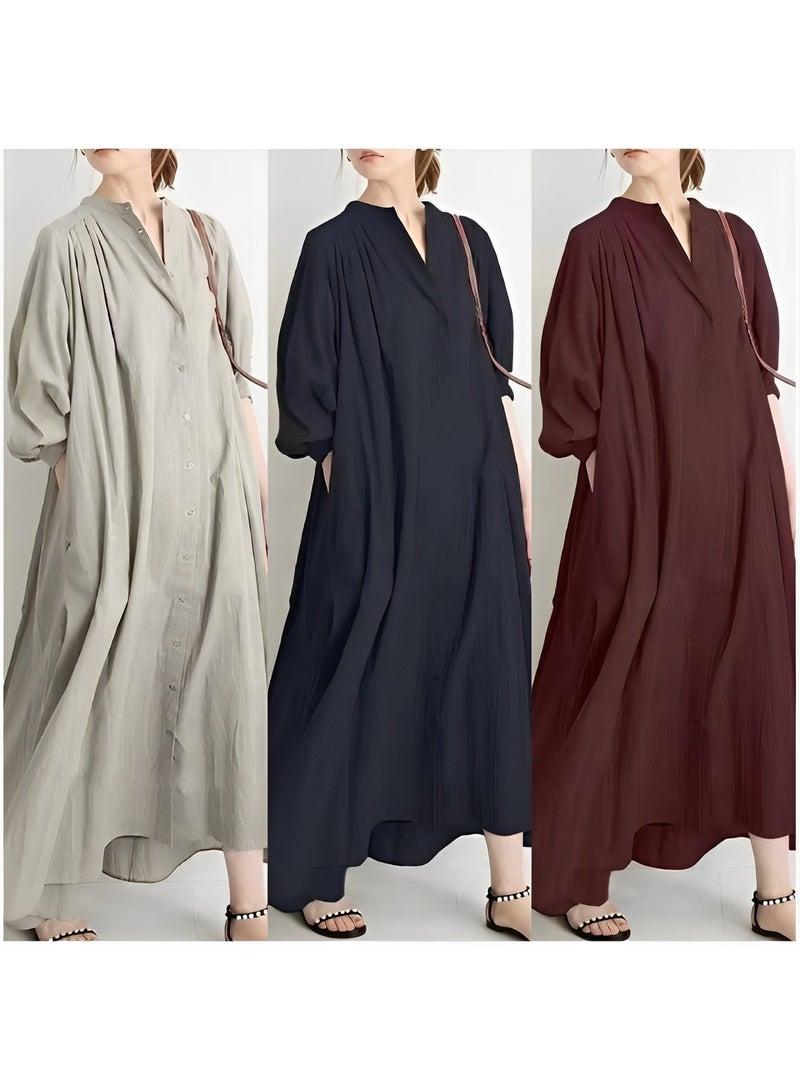 REOCLE Women's Maxi Dress Cotton and Linen Button Down Shirt Dress Casual Loose Long Dress Summer Beach Dress - Image 4