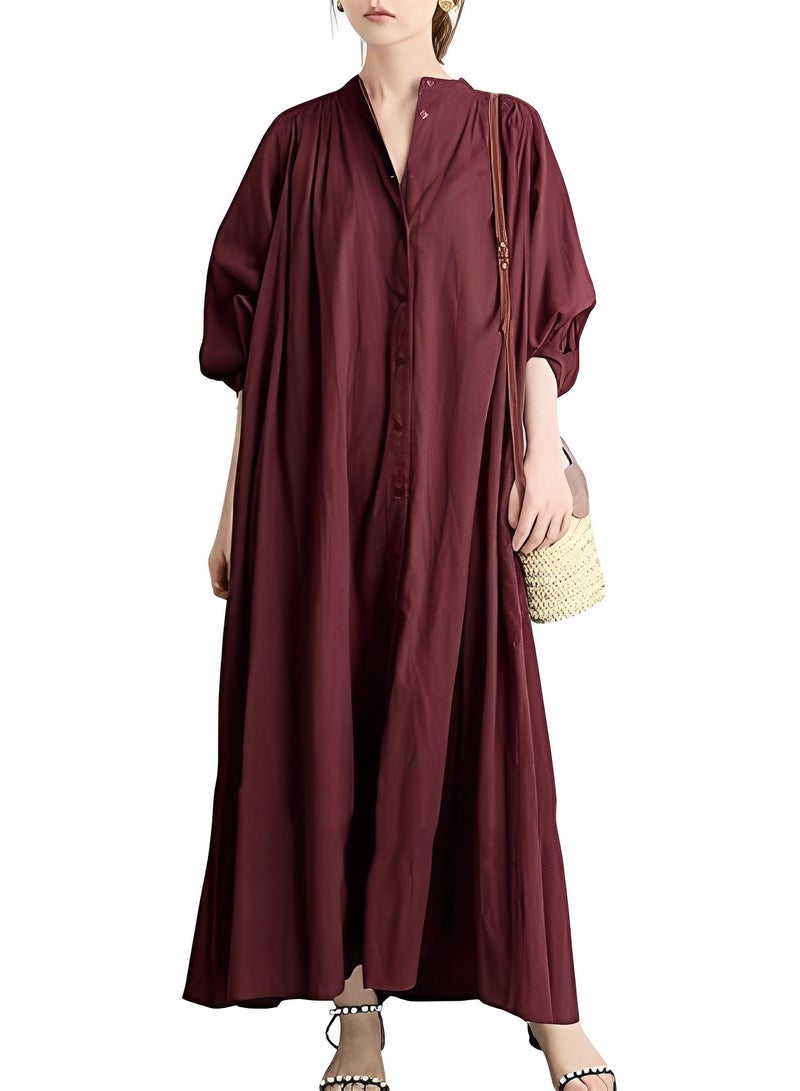 REOCLE Women's Maxi Dress Cotton and Linen Button Down Shirt Dress Casual Loose Long Dress Summer Beach Dress - Image 3