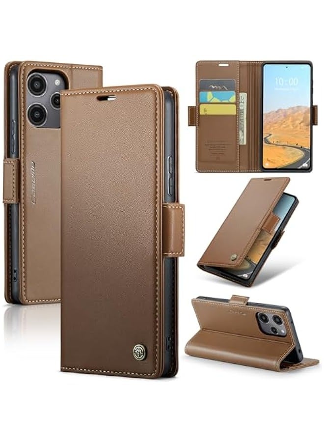 Premium Leather RFID Blocking Wallet Case for Xiaomi Redmi 12 4G / Poco M6 Pro 5G - Shockproof Phone Case with Magnetic Flip, Kickstand, and Credit Card Holder Brown - Image 1