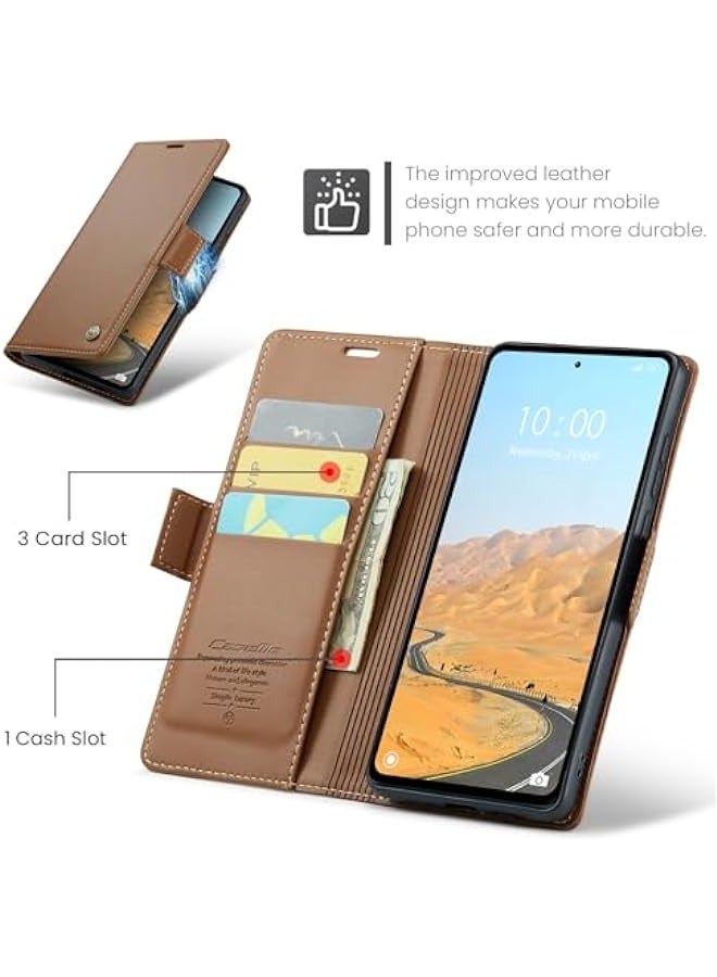 Premium Leather RFID Blocking Wallet Case for Xiaomi Redmi 12 4G / Poco M6 Pro 5G - Shockproof Phone Case with Magnetic Flip, Kickstand, and Credit Card Holder Brown - Image 3