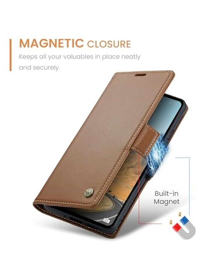 Premium Leather RFID Blocking Wallet Case for Xiaomi Redmi 12 4G / Poco M6 Pro 5G - Shockproof Phone Case with Magnetic Flip, Kickstand, and Credit Card Holder Brown - Image 4