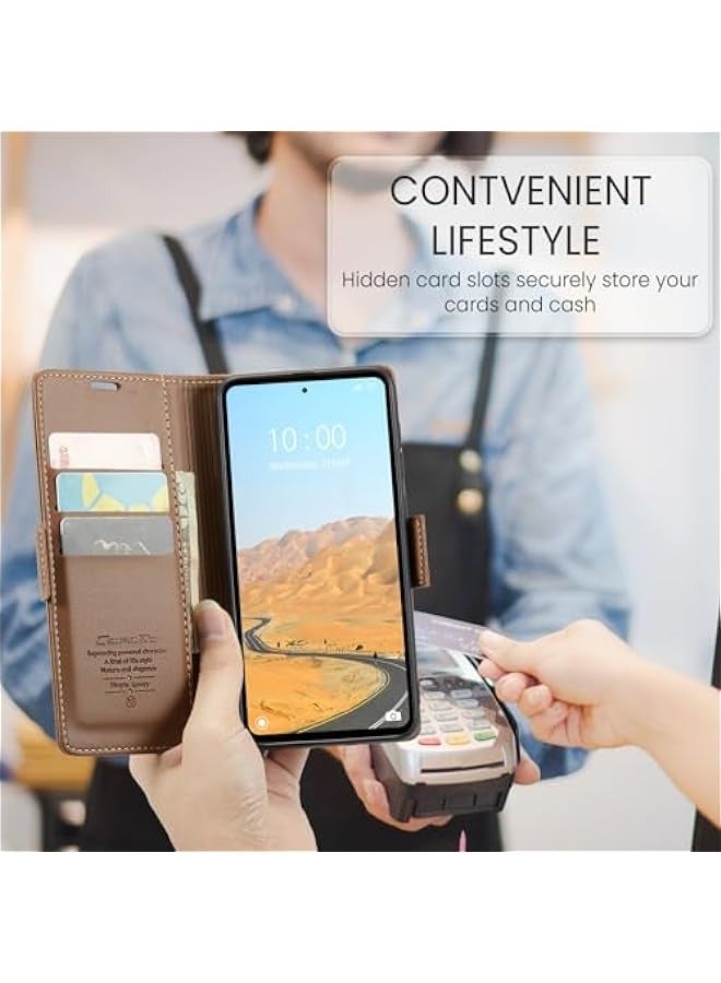 Premium Leather RFID Blocking Wallet Case for Xiaomi Redmi 12 4G / Poco M6 Pro 5G - Shockproof Phone Case with Magnetic Flip, Kickstand, and Credit Card Holder Brown - Image 5