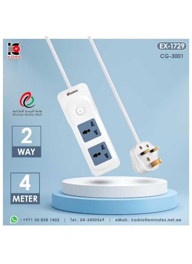 KADRIS - Power Strips CG-3001 Heavy Duty Extension Cord with 2 way Outlets with switch, Charging Socket with 4 meter Heat resistant  Extension Cord (White) ESMA approved - Image 1