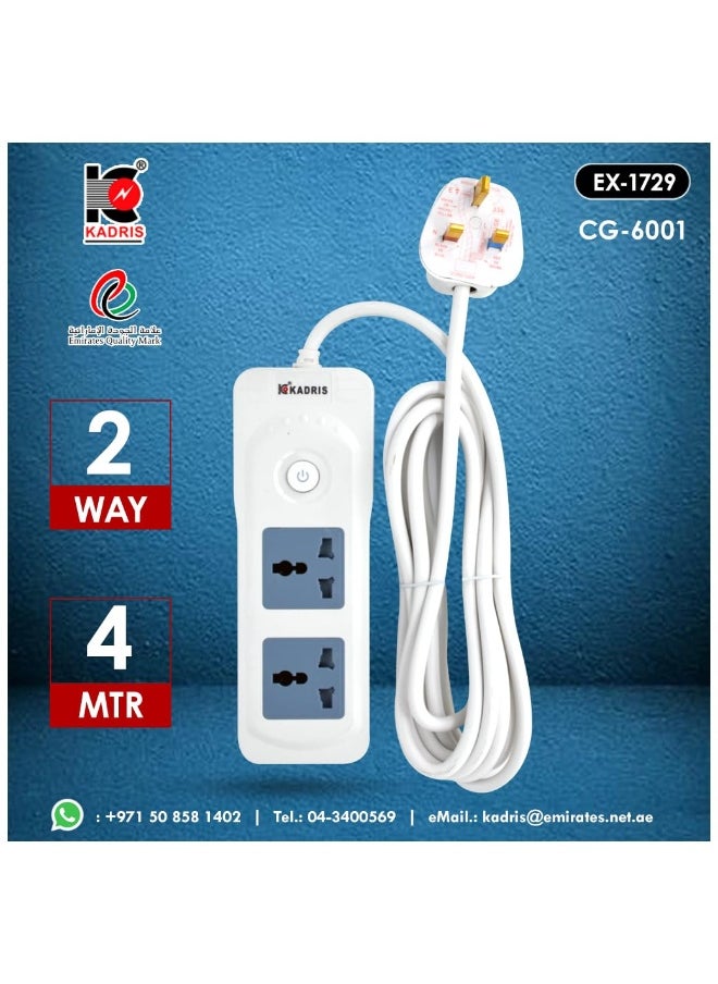 KADRIS - Power Strips CG-3001 Heavy Duty Extension Cord with 2 way Outlets with switch, Charging Socket with 4 meter Heat resistant  Extension Cord (White) ESMA approved - Image 1