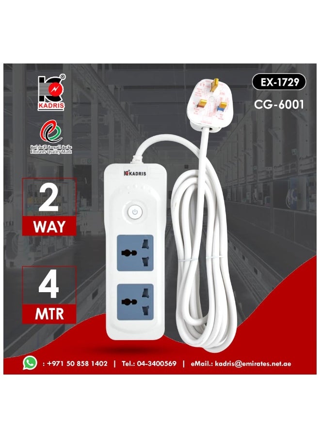 KADRIS - Power Strips CG-3001 Heavy Duty Extension Cord with 2 way Outlets with switch, Charging Socket with 4 meter Heat resistant  Extension Cord (White) ESMA approved - Image 1