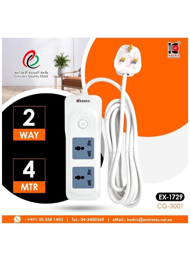 KADRIS - Power Strips CG-3001 Heavy Duty Extension Cord with 2 way Outlets with switch, Charging Socket with 4 meter Heat resistant  Extension Cord (White) ESMA approved - Image 1