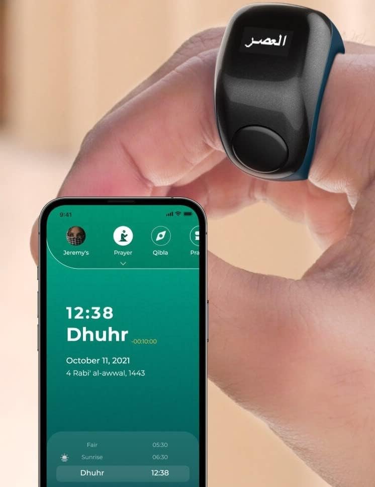 UMEOX iQIBLA Smart Tasbih Zikr Ring Flex (F01) Plastic Version, 3 Sizes, Muslim Prayer, Prayer timing reminder, OLED display Tasbih Counter, Smart Ring -­ (Green), Bluetooth - Image 3