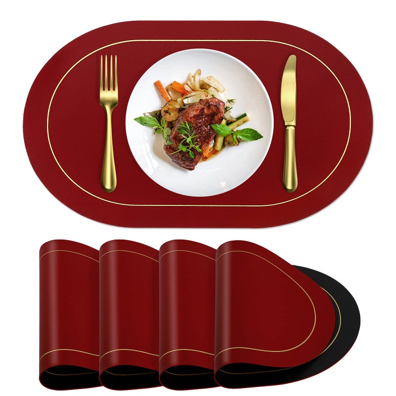 ANUNU Faux Leather Placemats Set of 4  DoubleSided Color Oval Design Dining Table Mats Waterproof Washable Heat Resistant Indoor Outdoor Home Decor Kitchen Table Placemats Wine Red  Black