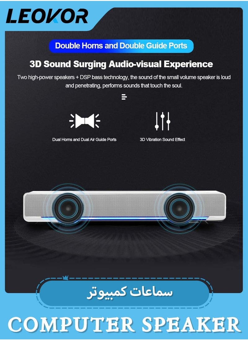 LEOKOR - USB Wired Computer Speaker,RGB Computer Sound Bar Desktop Speaker,3D Stereo Surround Sound Box with Volume Knob 3.5mm Audio Input for Desktop PC Laptop Smartphone Tablet - Image 1