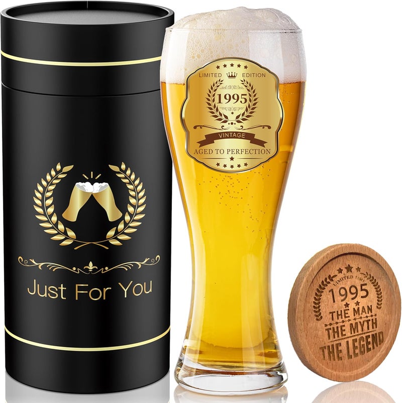 GALOFAY 30th Birthday Beer Glasses Gifts, Personalized '1995' Vintage Glass Ware Set for Men, Black Gift Package with Drinking Glass, Coaster, and Card for 30 Years Old Man - Image 1
