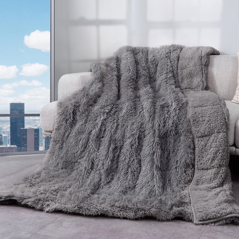 Cottonblue Faux Fur Weighted Blanket 15lbs Soft Fuzzy Luxurious Fluffy Heavy Blanket Plush Sherpa Dual Side Cozy Warm Throw Blanket for Bed Couch Sleeping Grey 48x72 inches