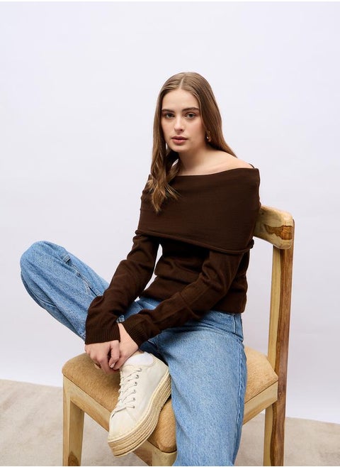 Regular Fit Off Shoulder Flat Knit Sweater
