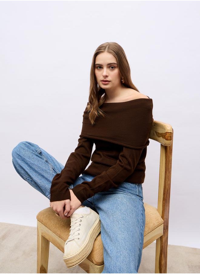 Styli - Regular Fit Off Shoulder Flat Knit Sweater - Image 1