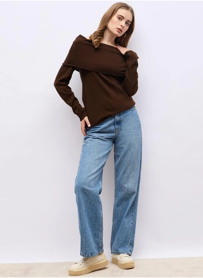 Styli Regular Fit Off Shoulder Flat Knit Sweater