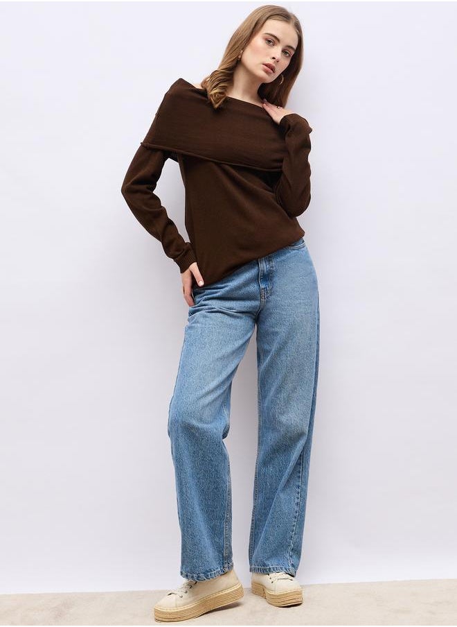 Styli - Regular Fit Off Shoulder Flat Knit Sweater - Image 1