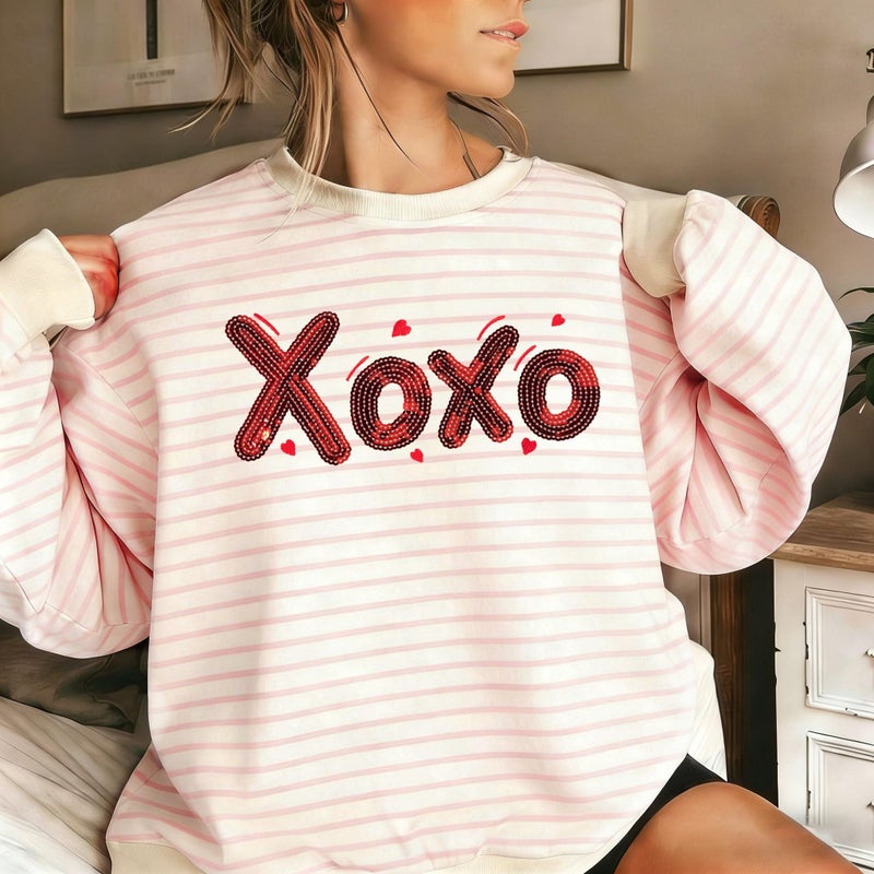 FASHGL Valentines Sweatshirt Women Love Heart Print Shirt Valentine Sweater Casual Striped Pullover Blouse Long Sleeve Top Pink - Image 2