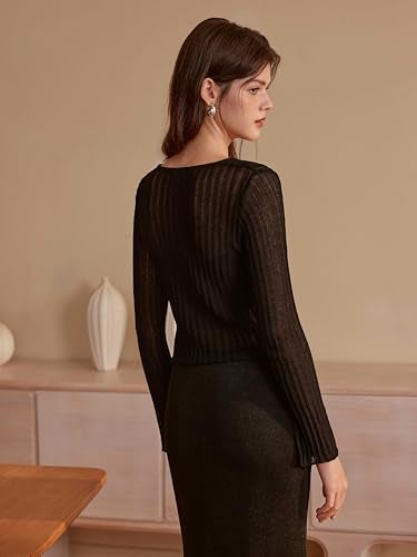 CIDER Cardigans for Women Trendy Bow Tie Front V Neck Long Sleeve Lightweight Shrug Sweater Ribbed Knit Crochet Cardigans: Black, M - Image 4
