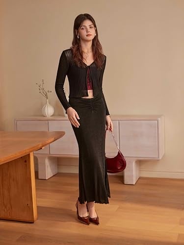 CIDER Cardigans for Women Trendy Bow Tie Front V Neck Long Sleeve Lightweight Shrug Sweater Ribbed Knit Crochet Cardigans: Black, M - Image 2