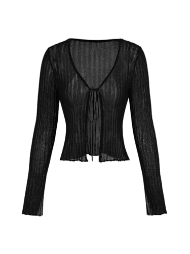 CIDER Cardigans for Women Trendy Bow Tie Front V Neck Long Sleeve Lightweight Shrug Sweater Ribbed Knit Crochet Cardigans: Black, M - Image 1