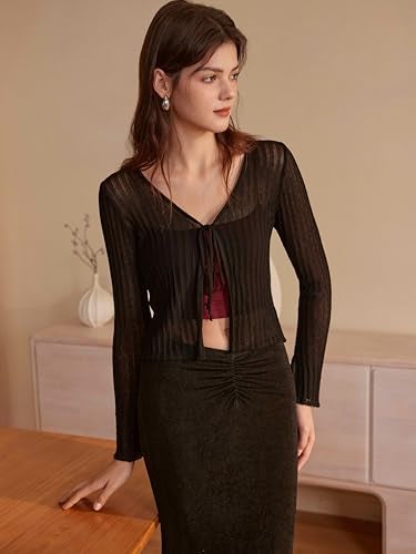 CIDER Cardigans for Women Trendy Bow Tie Front V Neck Long Sleeve Lightweight Shrug Sweater Ribbed Knit Crochet Cardigans: Black, M - Image 3