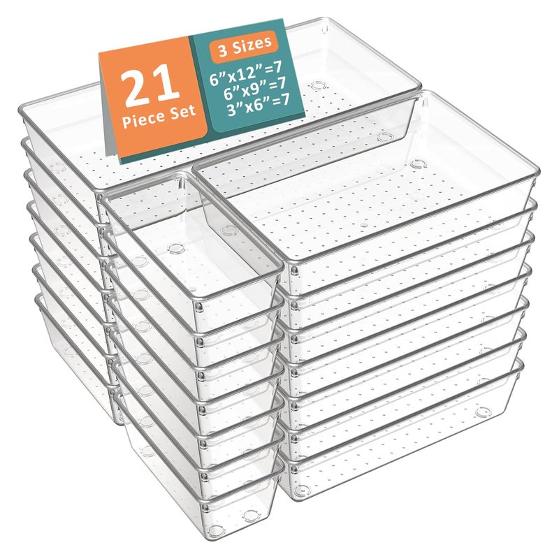 Kuber Industries 21 Pcs Set Multi-Purpose Transparent Drawer Organizers | Plastic Trays for Storage Kitchen & Aesthetic Dressing Table Organisers for Cosmetics, Makeup & Stationery | Transparent - Image 1