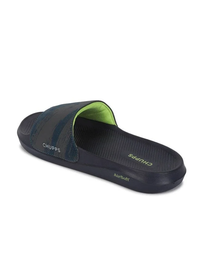 CHUPPS Navy Blue Printed Sliders for Men