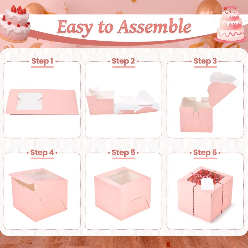 DOYIDE 20Pcs Mini Cake Boxes with Window, 6x6x5 Inches Pink Bakery Boxes, Small 4 Cupcake Boxes, Cake Packaging for Pastries, Cookies, Chocolates, Cupcakes, Birthday Party, Wedding - Image 4