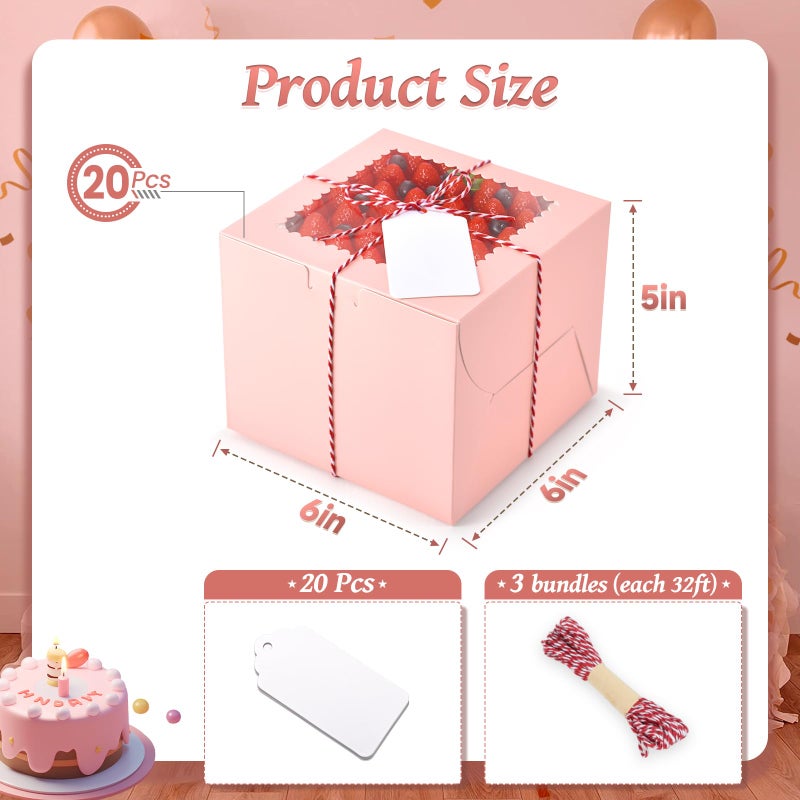 DOYIDE 20Pcs Mini Cake Boxes with Window, 6x6x5 Inches Pink Bakery Boxes, Small 4 Cupcake Boxes, Cake Packaging for Pastries, Cookies, Chocolates, Cupcakes, Birthday Party, Wedding - Image 3
