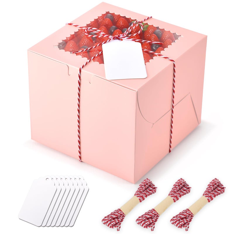 DOYIDE 20Pcs Mini Cake Boxes with Window, 6x6x5 Inches Pink Bakery Boxes, Small 4 Cupcake Boxes, Cake Packaging for Pastries, Cookies, Chocolates, Cupcakes, Birthday Party, Wedding - Image 1