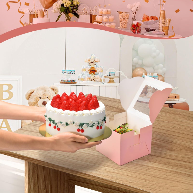 DOYIDE 20Pcs Mini Cake Boxes with Window, 6x6x5 Inches Pink Bakery Boxes, Small 4 Cupcake Boxes, Cake Packaging for Pastries, Cookies, Chocolates, Cupcakes, Birthday Party, Wedding - Image 2