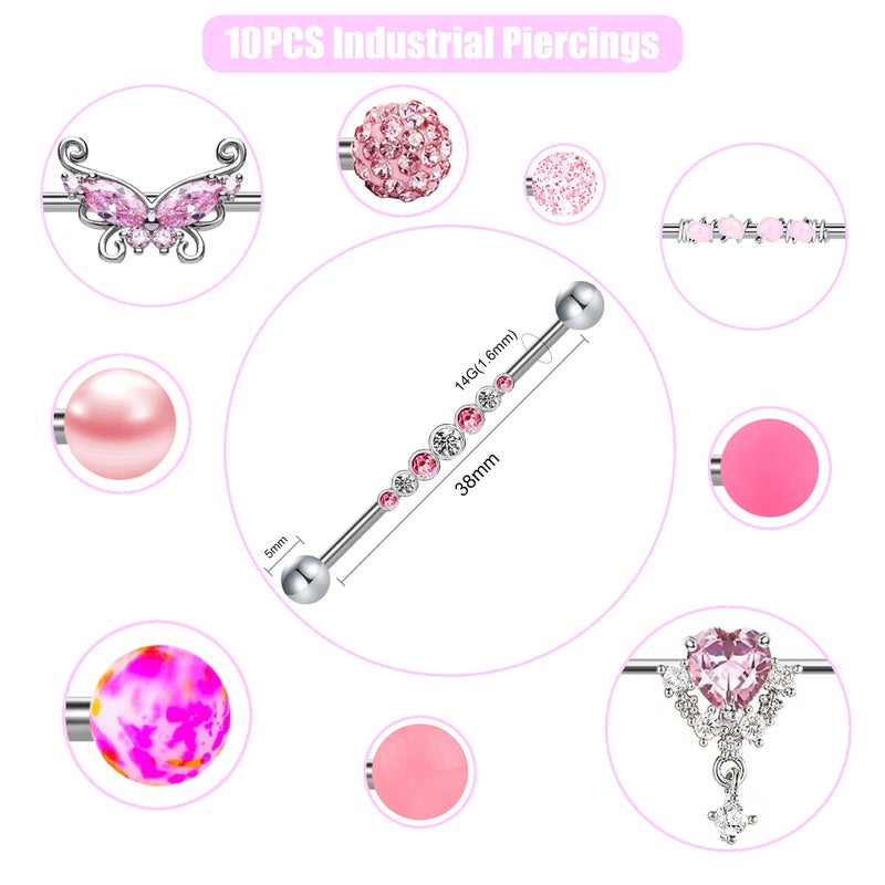 EVELICAL 10Pcs 14G Industrial Piercing Jewelry Surgical Steel Industrial Barbell Earrings for Women Helix Cartilage Piercing Earrings Pink CZ Inlaid - Image 2