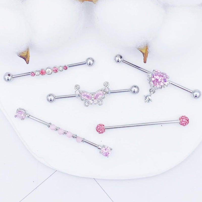 EVELICAL 10Pcs 14G Industrial Piercing Jewelry Surgical Steel Industrial Barbell Earrings for Women Helix Cartilage Piercing Earrings Pink CZ Inlaid - Image 5