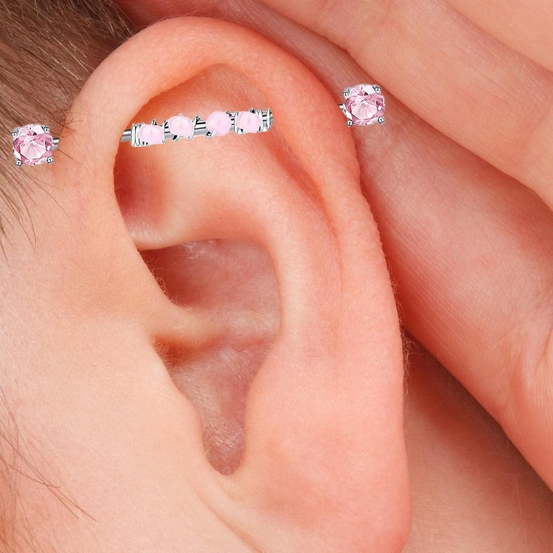 EVELICAL 10Pcs 14G Industrial Piercing Jewelry Surgical Steel Industrial Barbell Earrings for Women Helix Cartilage Piercing Earrings Pink CZ Inlaid - Image 3