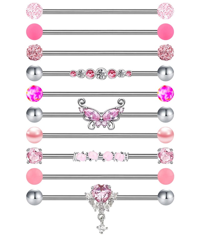 EVELICAL 10Pcs 14G Industrial Piercing Jewelry Surgical Steel Industrial Barbell Earrings for Women Helix Cartilage Piercing Earrings Pink CZ Inlaid - Image 1